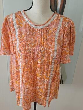 Nanette Lepore Pink and Orange Paisley Lace-Trim Blouse